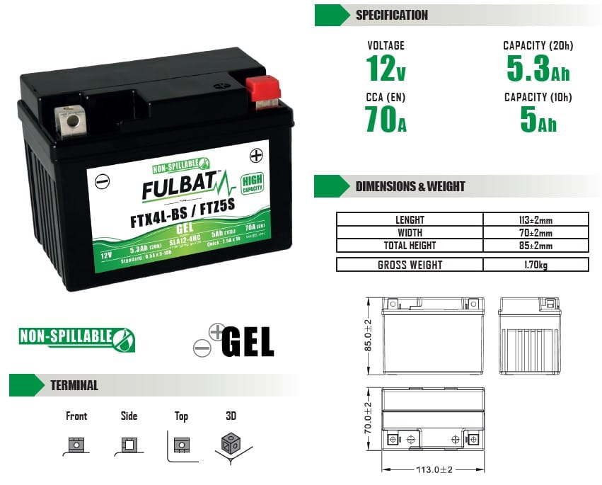 Batterie Vrla Haute Performance Batterie Moto FULBAT GEL FTX4L-BS - 12V 5,3AH 70A - Sans Entretien - Prête à L'emploi Batterie Scooter 50cc